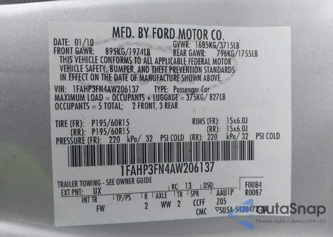 2010 Ford Focus Se из США, поврежденный, VIN 1FAHP3FN4AW206137